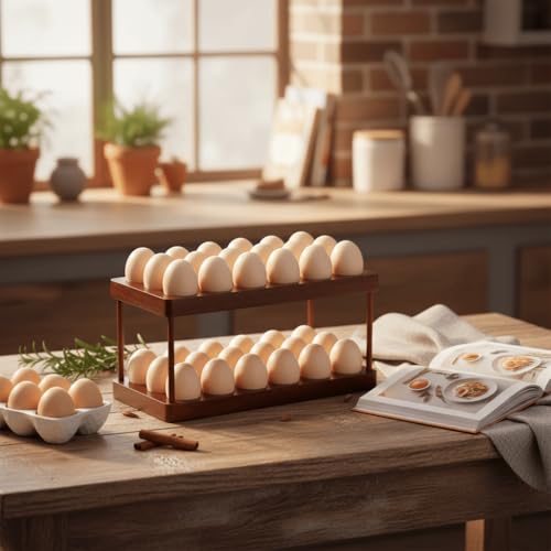 Acacia Wooden Egg Holder with Double Layers, Detachable Wooden Egg Tray Holds 36 Fresh Eggs, Countertop Storage Rack for Gathering Fresh & Easter Eggs, Rustic Decor