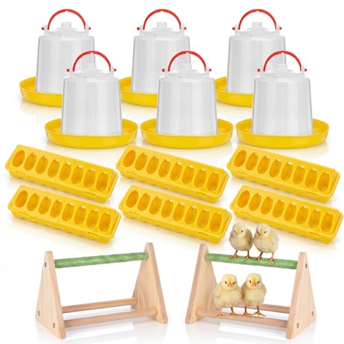 14 Pcs Chick Feeder and Waterer Kit with Wooden Perch Baby Poultry Starter Set 1.5 L Feeding Dispenser for Small Poultry Ducks Quail Pigeon Coop and Brooder (Yellow) - color: Yellow