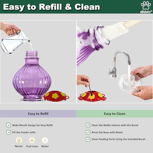 Glass Hummingbird Feeder for Outdoors Hanging, 38 oz Nectar Capacity, 6 Feeding Ports, Leak-Proof Rust-Free Plastic Base, Easy to Refill & Clean, Decorative Purple Glass Bird Feeder for Garden Patio - color: Purple, size: 38 Fluid Ounces
