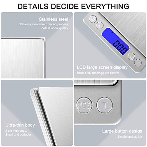 Kitchen Food Scale with 2 Trays, Diyife 500g/0.01g High Precision Scale | Mini Gram Scale with LCD Display, 6 Units, Auto Off, Tare Function, Cooking, Sliver (Batteries Included) - color: Silver