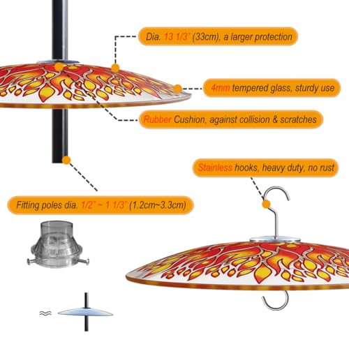 13" Large Glass Rain Cover for Bird Feeder, Fire Weather Guard Dome Shield | Stainless Hooks & Shatterproof Squirrel Baffle, Dual Use on Shepherd Pole or Hook Hanging, Bird House Protector, Dia. 33cm - color: Fire, size: 1PC/Pack