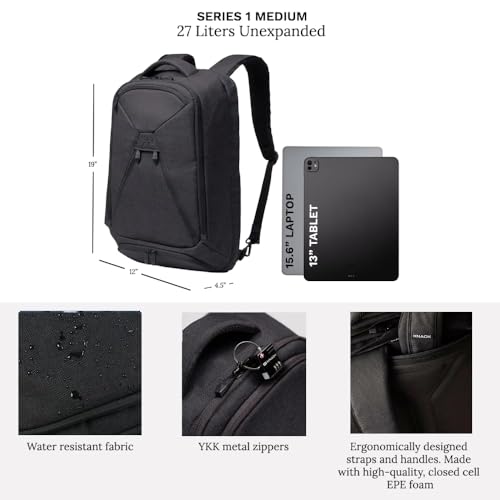 Knack Series 1 Laptop Backpack Travel Set Fits up to 15 Inch - Includes Expandable Packing Insert, and Knack's Insulated Bottle, TSA Approved, Expandable Travel Backpacks (Black, Medium) - color: Black, size: Travel Set