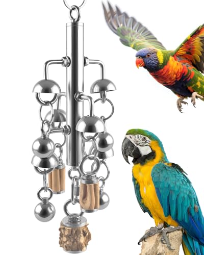 KATUMO Large Bird Toys, Natural Wooden and 304 Stainless Steel Bell Toy for Parrots, 1.46 LB Heavy Birds Cage Toy for Amazon Parrot, African Greys, Budgies, Lovebirds, Cockatiels,Cockatoo - style: Bell