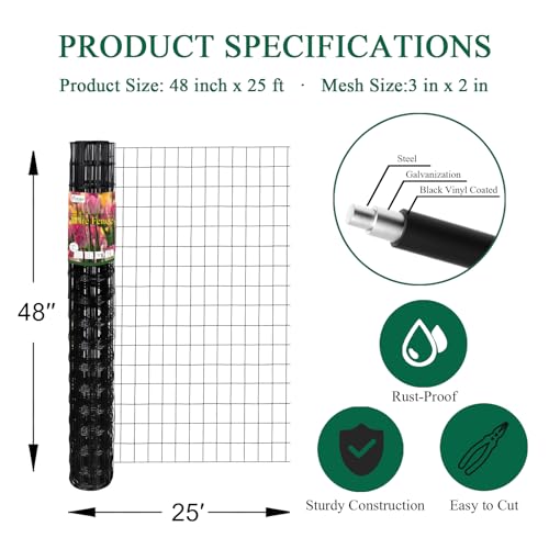 Black PVC Coated Welded Wire Fence 48" x 25' Roll, 2"x3" Mesh, 16 Gauge | Vinyl Coated Garden Fencing, Yard & Pet Barrier, Chicken Wire Fencing, Dog Enclosure Mesh, Vegetable Plant Protector - color: Black, size: 2''x3'' 16GA 48''x25'