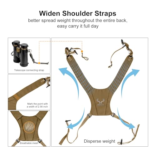 Binocular Harness Chest Pack - Rangefinder Pouch for Hunting Brown | Silent one-handed access, bino case with rain cover and removable pouch , MOLLE webbing for birdwatching and hiking - color: Wolf Brown
