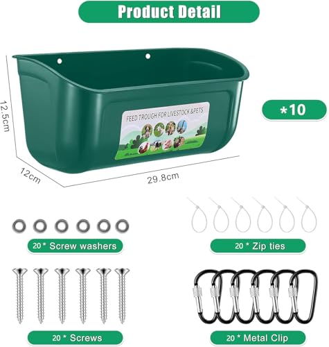 Chicken Feeder Waterer, 10 Pack Duck Feeder Supplies, Hanging Fence Feed Trough with Clips for Goat, Sheeple, Piglet, Gooses, Turkeys, Dog Livestock Poultry,Green - color: 10 pack Green