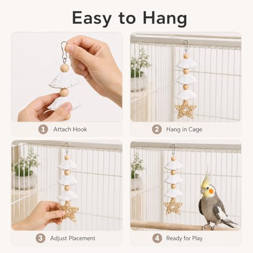 4 Pack Hanging Bird Chew Toys for Small Birds Cuttlebone and Pumice Cage Toys with Rattan Star and Wood Beads for Cockatiel Budgie Parakeet Conure Lovebird - size: 4 Pack
