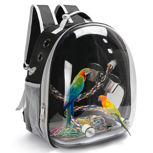 Bird Backpack Carrier, Travel Bird Cage for Small Medium Size Parrot Parakeet Budgies Cockatiel, Portable Clear Bubble Window Bag with Stainless Steel Tray Food Bowl Standing Perch (Black) - color: Black