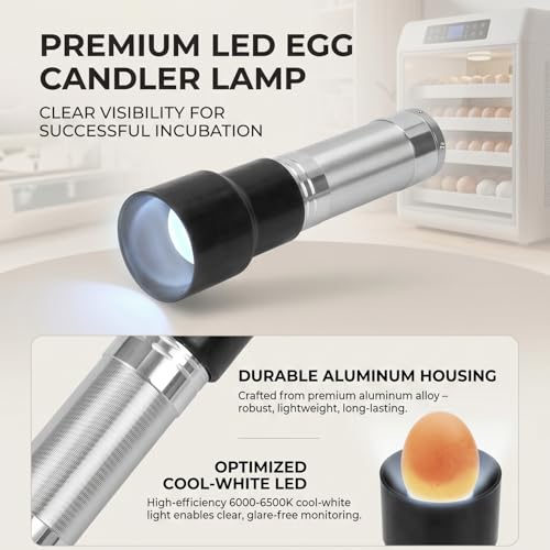 LED Egg Candler Tester Lamp for Monitoring Embryo Development, Light Candling Device | Battery Operated,Silver,Bright, Cool White,Fast Safe, Durable, Light Size 0.9 x 3.3in,No Harm to Eggs