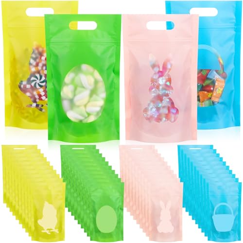 TaoBary 100 Pcs Pastel Plastic Treat Bags with Windows Sealing Resealable Bags with Handle Bunny Egg Goodie Gift Pouch Stand up Candy Bag for Spring Summer Party Gift Wrapping Supplies - color: Pink, Blue, Green, Yellow, style: Pastel