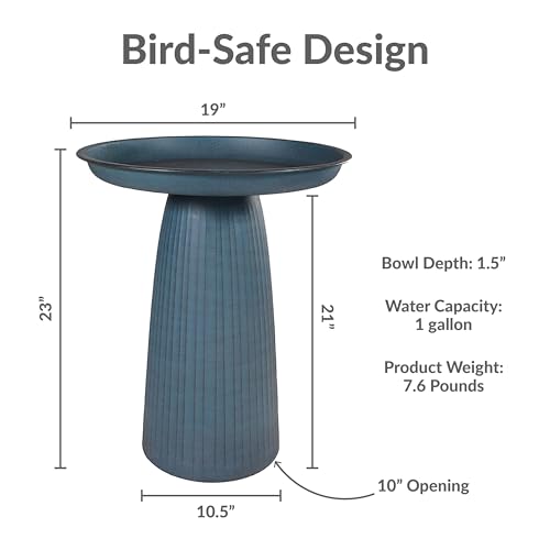 Sunnydaze Modern Bird Bath for Outside, Iron, 23” H, Matte Blue | UV & Rust-Resistant Matte Finish, Durable Iron,1 Gal Water Cap, Outdoor Birdbath for Garden, Pedestal Bird Bath with Bowl - color: Matte Blue