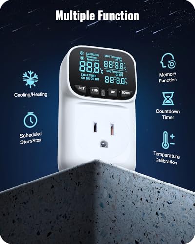 Digital Temperature Controller Outlet, 15A/1800W Heavy Duty Thermostat Plug, VA LCD Display, Heating/Cooling Control, -40°F~210°F, 4 Timer Modes, for Greenhouse Incubator Homebrew W02TC06 - color: White-16.4ft