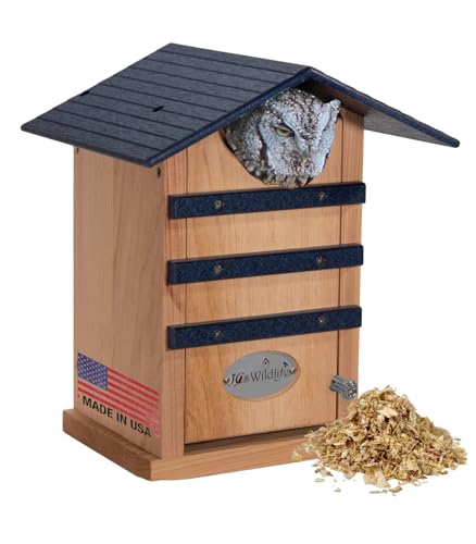 Screech Owl House Cedar Nesting Box with Poly Lumber Roof, Saw-Whet Owl Box for Outside, Drainage Ventilation, Easy Cleanout, Made in USA, Blue - color: Blue
