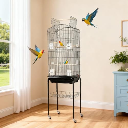 64 in Bird Cage, Parrot Cage, Parakeet Cage - Large Hanging Birdcage with Solid Iron Wrought Construction, Rolling Storage & Bird Stand, Flight Nest for Cockatiel, Budgie, Canary & Small Parrots - size: 18.0"L x 64.0"W x 14.0"H