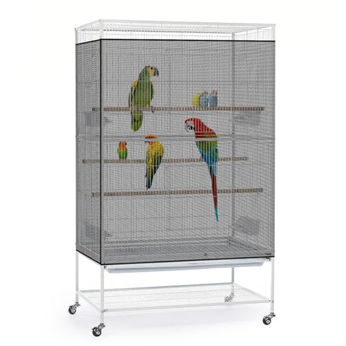 Bissap Bird Cage Seed Catcher, 90-118‘’ Universal Birdcage Net Nylon 31.8'' H Adjustable Elastic Band Stretchy Skirts Mesh Cover for Parrot Cage Seed Guard (Not Include Birdcage)- Black - color: Black