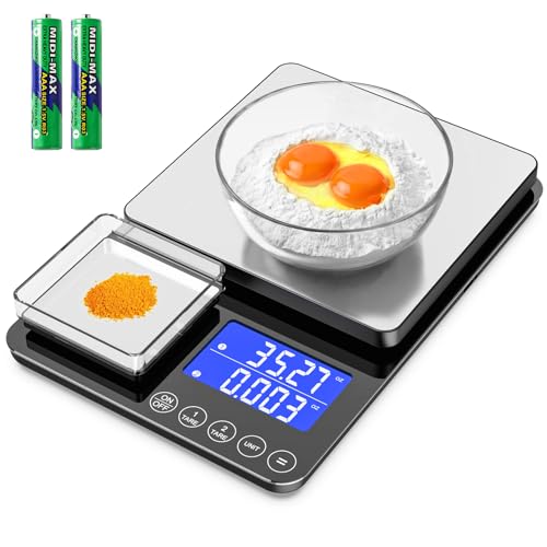 KKZ 0.001oz/33lb Kitchen Scale, Dual Platform Food Scale Grams and Ounces | for Weight Loss Baking Cooking Meal Prep Sourdough Bread, Stainless Steel, Auto-off, Tare&Summation Functions - size: AAA battery version