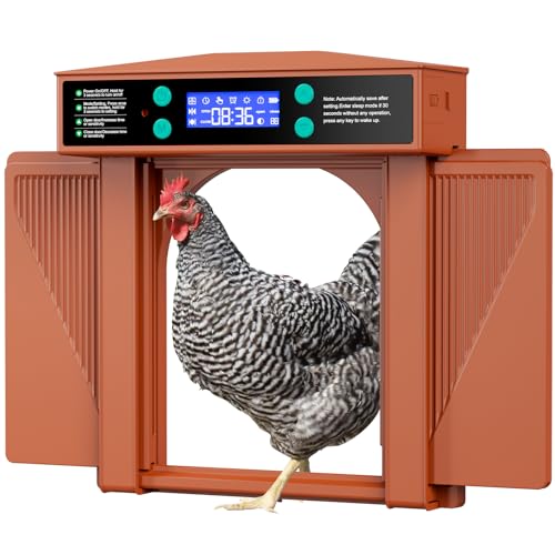 Automatic Chicken Door Easy Program 3 Modes - Manual, Timer and Light Sensor Anti-Pinch Auto Opening and Closing Chicken Coop Door Powered by Battery/DC(Brown)