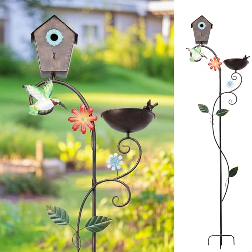 Yinns Metal Bird House, Decorative Birdhouse Stake with Bowl for Yard Decor | 69“ Bird House with Baths Bird Pole, Heavy Duty Birdhouse Stake for Outdoor Metal Bird Bath Bowl for Outside Garden Decor - color: Brown