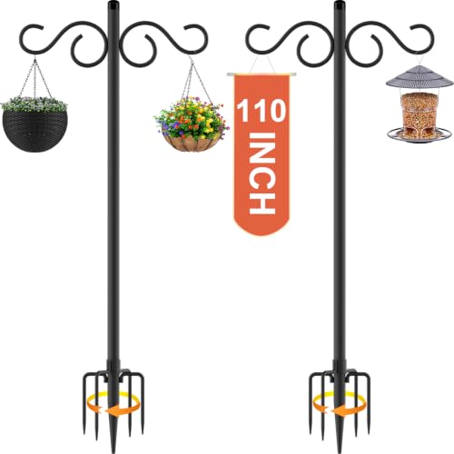 RCUICA Double Shepherds Hooks for Outdoor,2 Pack 110Inch Bird Feeder Pole with 5 Prongs Base,Heavy Duty Shepherds Hook,Suitable for Garden in Hanging Flower Basket,Lantern,Bird Nests (110 inch) - size: 2 Pack 110 inch