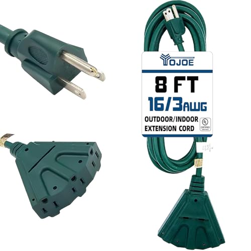YOJOE 3-Outlets Indoor Outdoor Extension Cord, 3 Prong 13A Weatherproof Power Cord Multiple Outlets, 16 Gauge Heavy Duty 8 ft Green Extension Cord for Garage, Garden, 16/3 SJTW UL Certified - color: Green, size: 8 Foot, style: Standard
