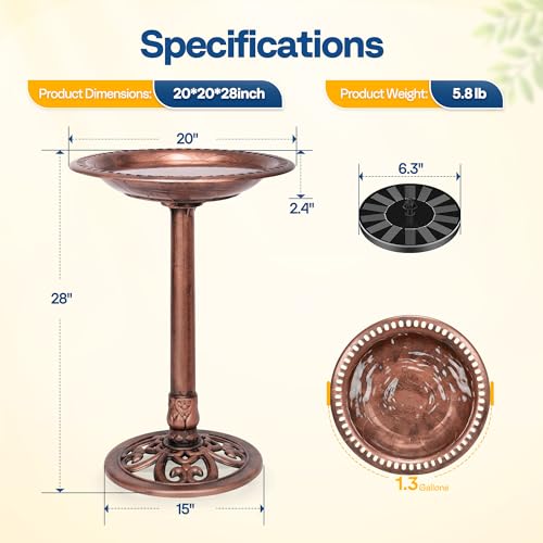 VIVOHOME Bird Bath with Solar Fountain for Outside, Pedestal, Bronze | Solar-Powered Pump, Weather-Resistant Polyresin, 20-Inch Bowl, for Outdoor/Garden, Bird-Friendly, Easy to Clean - color: Bronze