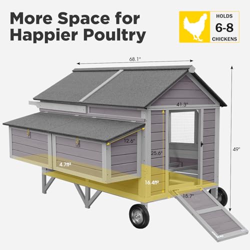 Aivituvin Chicken Coop Large Mobile Wooden Hen House with Nesting Box, Poultry Cage with Strong Iron Frame, Waterproof (Grey, AIR97) - size: 68.1"L x 53.9"W x 49.0"H