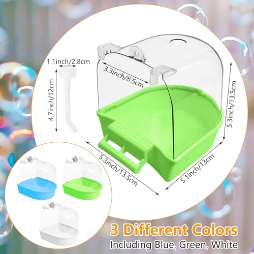 Tfwadmx 3 Pcs Bird Bath for Cage Clear Bird Bathtub Hanging Parakeet Bath Box Water Shower Food Feeder Bathing Tub for Budgies Cockatiel Canary Conure - color: Green, Blue &White