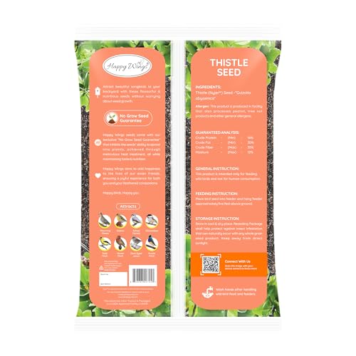 Happy Wings 5LB Thistle Seed (Nyjer) Bird Food & Empty Sock, Extra Clean | Oil Rich, High Fat & Energy Content, Single Grain, USDA & BRC-GS Approved, Finches, Sparrows, Chickadees, Cardinals, No Mess