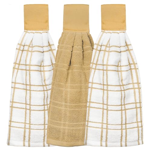 Ritz Premium 100% Cotton Solid and Multi Check Kitchen Tie Towel Absorbent, Super Soft, and Fast Drying Hang Towel, Set of Three, Straw - color: Straw, size: Solid & Multi Check - 3 Piece