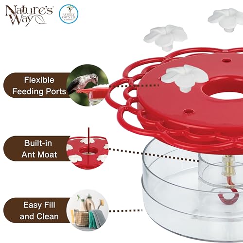 Nature's Way Plastic Hummingbird Feeder for Outdoor Decor, Hanging Feeder and Window Feeder, 13 Ounce Capacity Nectar Feeder, 5 Easy to Clean Flexible Ports, Red