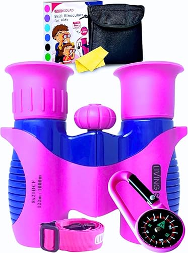Kids Binoculars Ages 3-12, 8x21 Compact Shockproof Pink | bird watching, camping, hiking, stargazing, includes carry case, neck strap, compass, carabiner, high resolution optics - color: Pink/Blue