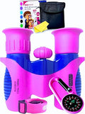 Kids Binoculars Ages 3-12, 8x21 Compact Shockproof Pink | bird watching, camping, hiking, stargazing, includes carry case, neck strap, compass, carabiner, high resolution optics - color: Pink/Blue