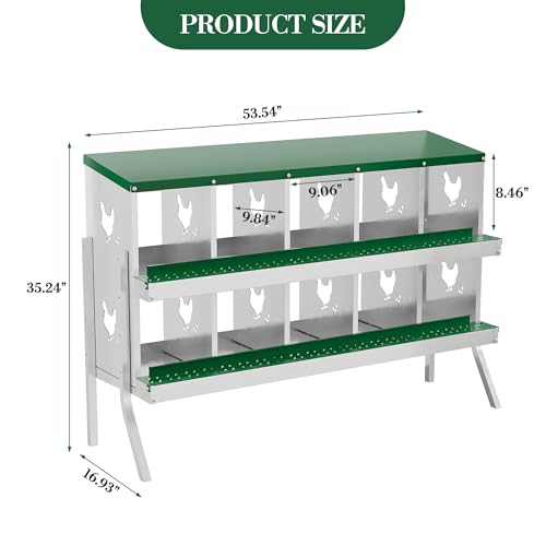Garvee ‌Galvanized Steel Chicken Nesting Box with Roll Out Egg Tray - 10 Hole, Rustproof & Ventilated Laying Boxes for Hens, Chickens, Ducks | Easy-Clean Poultry Coop Accessories, Green with Stand
