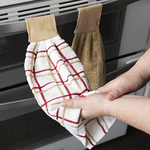 Ritz Premium 100% Cotton Solid and Multi Check Kitchen Tie Towel Absorbent, Super Soft, and Fast Drying Hang Towel, Set of Three, Biscotti - color: Biscotti, size: Solid & Multi Check - 3 Piece