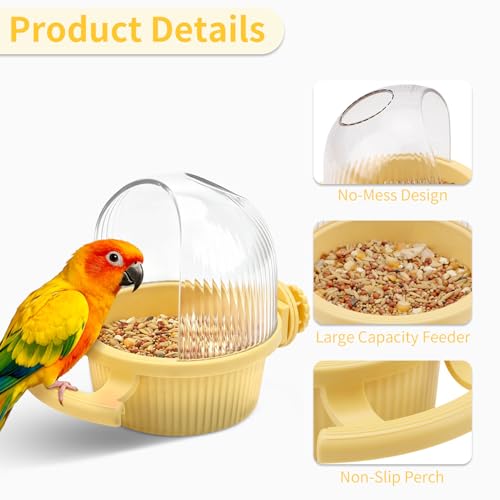 Litewoo No Mess Bird Feeder for Cage Parrot Seed Food Water Bowl (Yellow) | No mess, with dispenser, multifunctional, large capacity, for parrot/quaker/lory/conure/cockatiel/senegal parrot/caique - color: Yellow