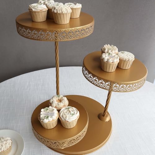 Efavormart 3-Tier Gold Metal Cupcake Tower Dessert Stand, Hollow Lace Design Round Tiered Cake Stand - 21" - color: Gold, size: 3-Tier 21" Hollow Lace