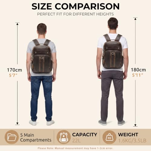 Full Grain Leather 16" Laptop Business Travel Backpack for Men, Brown | Crazy Horse Leather, YKK Metal Zippers, 5 Compartments, Ergonomic S-Straps, Large Capacity, Trolley Sleeve - color: Brown