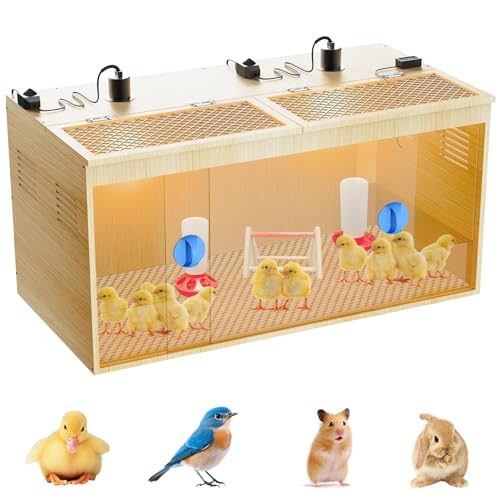 Brooder Box for Chicks, 32 Inch Wooden Large Chicken Brooder Box with 75W Heating Lamps, Thermometer, Chicken Feeder & Waterer Set, Tin Foil, Poultry Breeding Kit, for 12-15 Chicks Ducks Quail