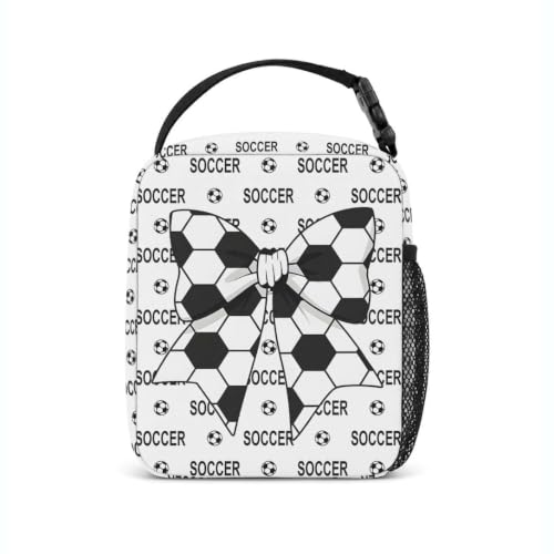 Lunch Box Girls Boys Insulated Lunch Bag for Kids Teen, Soccer Bow | Reusable Lunchbox, Cooler Tote Bag, Mesh Side Pocket, Easy to Clean, Waterproof Leak-Proof Lining for School Office Picnic - color: Soccer Bow