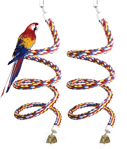 2PCSx 79inch(200cm) Bird Spiral Rope with Golden Bell Perches Birdcage Swing Toys 100% Cotton Natural Bird Perch Peck/Chewing Climbing Standing Bungee Parrot Toys for Regular to Large Size Parrot - size: 79 inches (2 pieces)