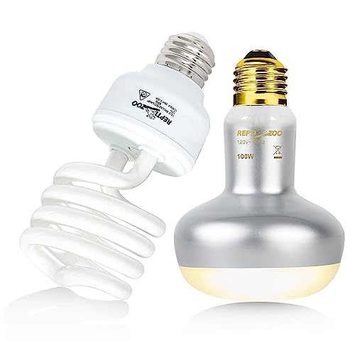 REPTI ZOO Reptile Heat Lamp Bulb and UVB 10.0 Reptile Light Combo Pack, 100W Intense Basking Spot Light UVA Heat Lamp Bulb, 26W Energy Saving UVA UVB Bulb Spiral Compact Bulb - size: CBL06