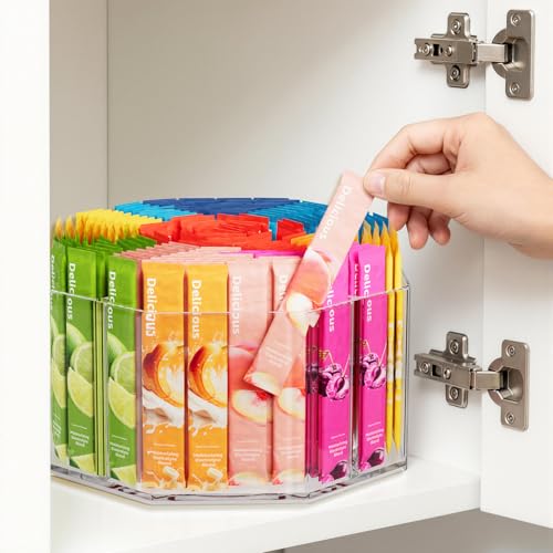 Divided Drink Packet Organizer, Octagonal 5 Compartment Clear Lazy Susan | Lazy Susan Turntable, Rotating Storage Organizer for Powdered Drink Mix, Water Flavor Packets, Coffee, Tea, Spices - size: 1 Pack - 5 Section