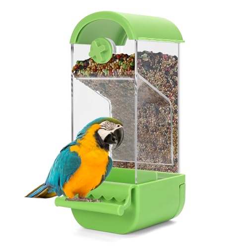 Yummy Sam No Mess Automatic Bird Feeder with Perch for Cage, Acrylic Transparent Bird Cage Feeder Parrot Seed Feeders Food Container Cage Accessories for Small Medium Birds Parrot Cockatoo Canary - color: Green