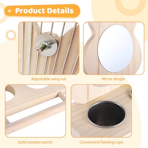Wood Parrot Perch Mirror Feed Cups, Bird Cage Toy Small Medium Parrots | Dual food water feeding cups, sturdy wooden stand, fits budgie, parakeet, cockatiel, lovebird, african grey and macaw