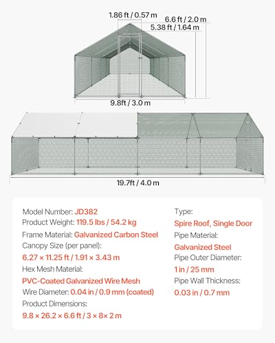 VEVOR Large Metal Chicken Coop with Run, 9.8x26.5x6.5 ft Walk-in Chicken Runs for Yard with Cover, Spire Roof Hen House with Security Lock for Outdoor and Backyard, Farm, Duck Rabbit Cage Poultry Pen - size: 314.9"L x 118.1"W x 78.7"H
