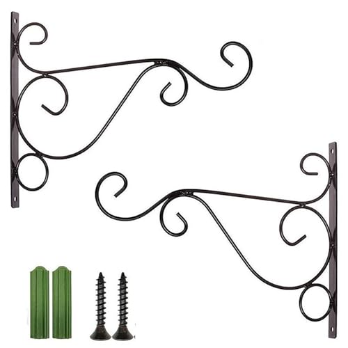 2-Pack Hanging Bracket 12"x8" Iron Wall Hook | Heavy-duty iron scroll bracket for bird feeders, wind chimes, and garden lanterns with easy mounting - size: Large