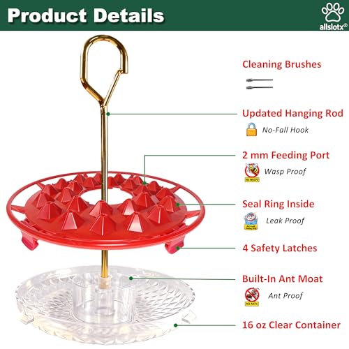Hummingbird Feeders for Outdoors Hanging (2 Pack) 25 Ports 16 oz Nectar Capacity, Ant Wasp Bee Proof, Leak-Proof with Sealing Ring, Reinforced Hanging Hook, Easy to Clean by Includes Cleaning Brushes - size: 16 oz