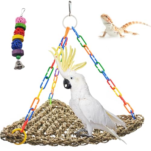 Large Seagrass Mat for Birds,16"x12.2"x13.4" Triangle Cockatiel Seagrass Hammock Natural Woven Sea Grass Mats for Birds,Parrot Foraging Grass Swing Toys for Medium Parakeets Lovebirds Cockatoos - size: 【Hammock：12.20x12.0x16.14 IN】