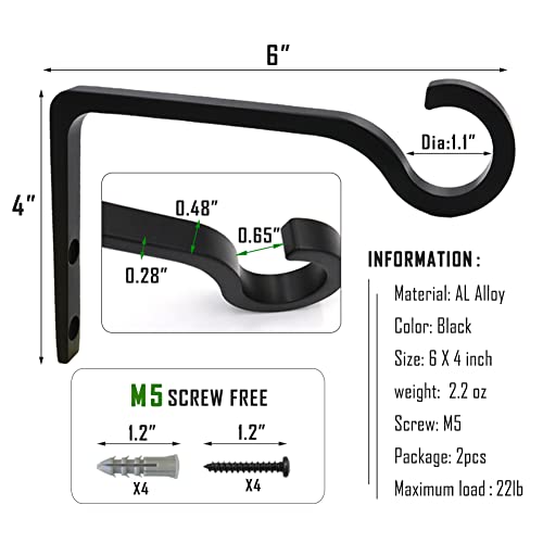 6inch Al-Alloy Hanging Plant Bracket Black 2 Pack | Hanging Bird Feeder, Lantern, Flower Basket | Rust-proof | Max 22lb Load | Shepherd Hooks | Outdoor Indoor, Screws & Anchors - color: Black, size: 6in Aluminum Alloy