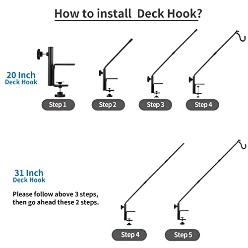 ULIOK 2 Pack Heavy Duty Deck Hook, 31 Inch Extended Adjustable, 360° Rotatable Arm Solid Rod, Solid Steel Deck Hangers for Hanging Bird Feeders, Plants, Planters, Suet Baskets, Lanterns, Wind Chime - color: 2PCS